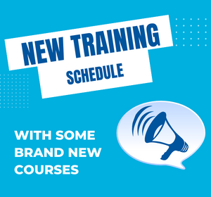 an image of a megaphone saying 'new training schedule: with some brand new courses'