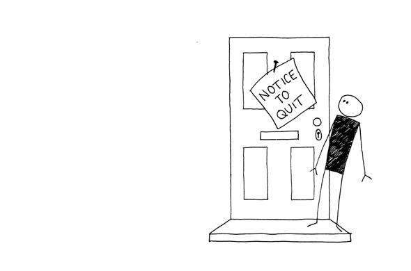 Drawing of person standing by front door. An eviction notice is pinned to the door. 